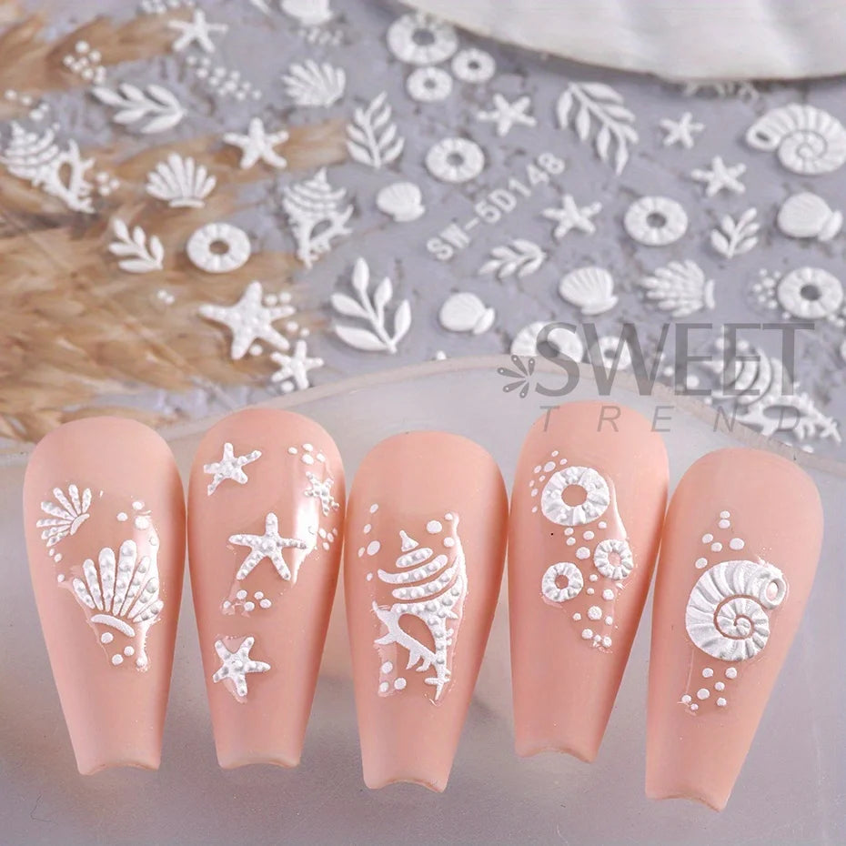 5D Jellyfish Summer Beach Nail Stickers White Shell Starfish Screw Adhesive Sliders Mermaid Embossed Decals Manicure Foils Decor
