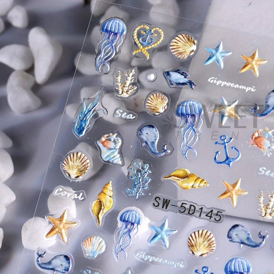 5D Jellyfish Summer Beach Nail Stickers White Shell Starfish Screw Adhesive Sliders Mermaid Embossed Decals Manicure Foils Decor