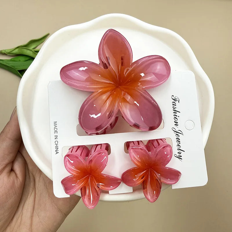 3Pcs Sweet Colorful Plumeria Flower Shark Clip Hair Claw Bohemian Ponytail Clip Plastic Hairpin Barrette Summer Hair Accessories