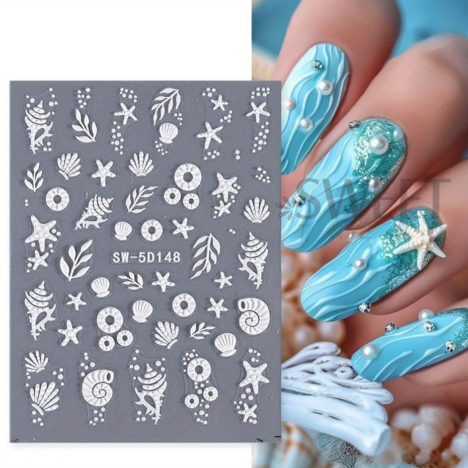 5D Jellyfish Summer Beach Nail Stickers White Shell Starfish Screw Adhesive Sliders Mermaid Embossed Decals Manicure Foils Decor